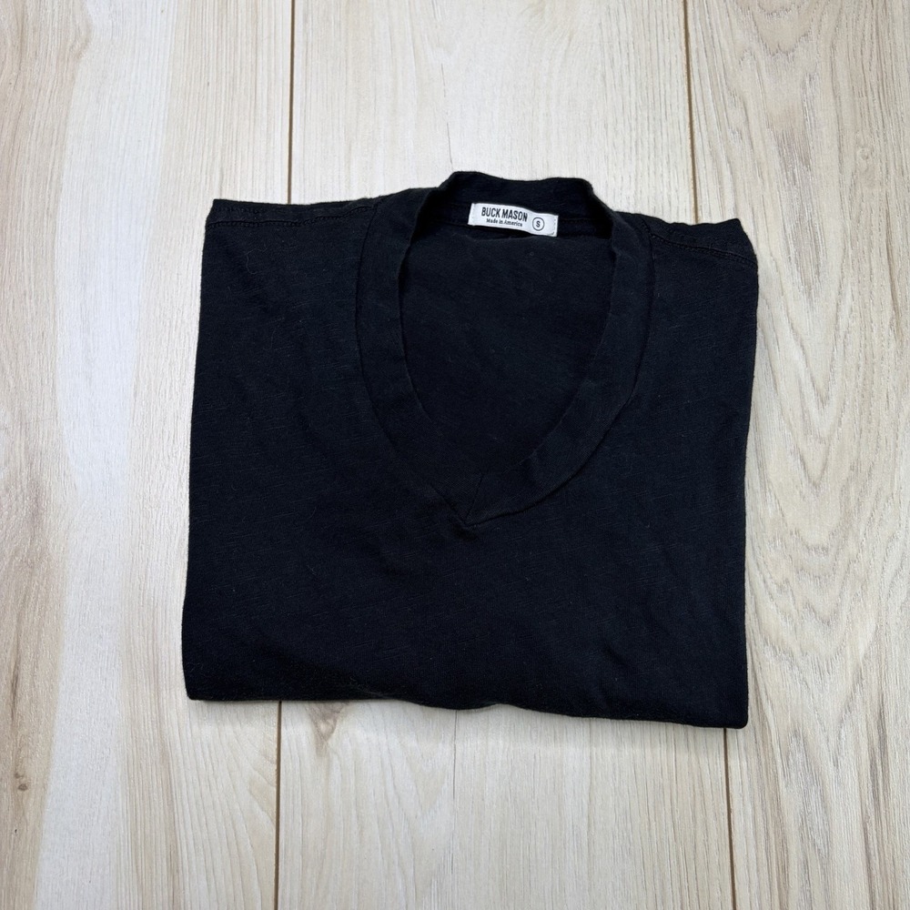 Buck Mason Men's V Neck Curved Hem Venice Wash Tee Shirt Black Small Made In USA